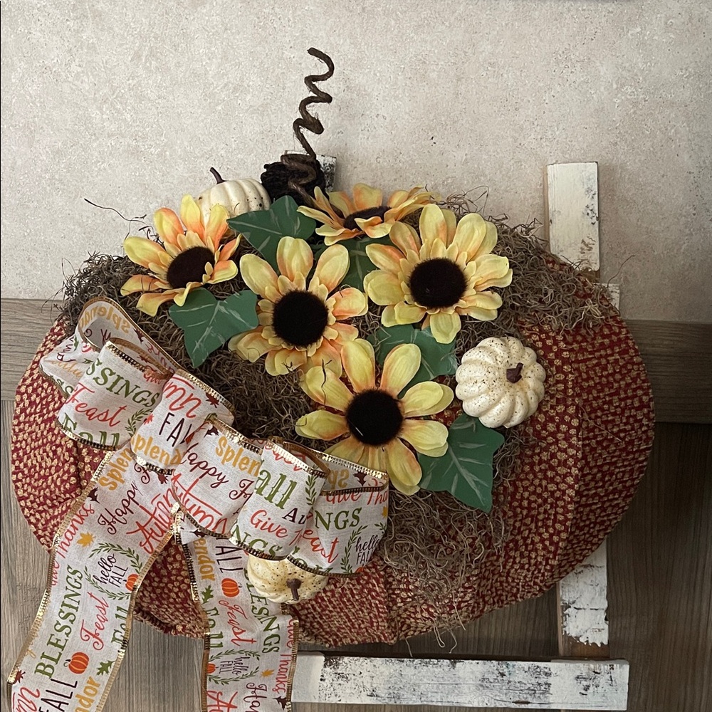 Festive Pumpkin Wreath with Sunflowers and Bow